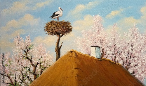 Oil paintings rustic landscape, fine art, artwork, stork on the nest