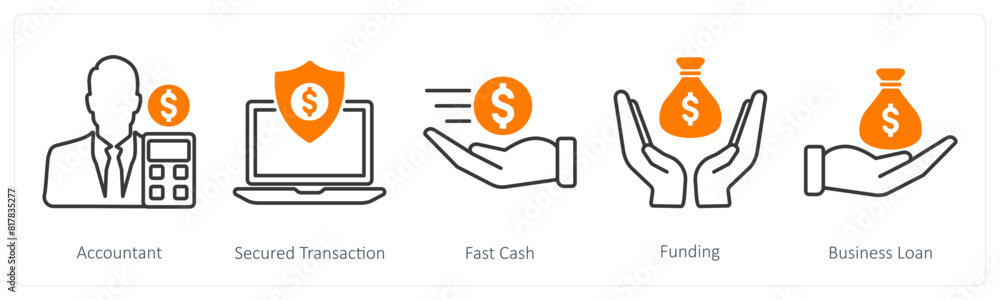 A set of 5 Business and Office icons as accountant, secured transaction, fast cash A set of 5 Business and Office icons as accountant, secured transaction, fast cash