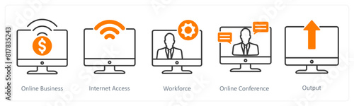A set of 5 Business and Office icons as online business, internet access, workforce