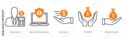A set of 5 Business and Office icons as accountant, secured transaction, fast cash