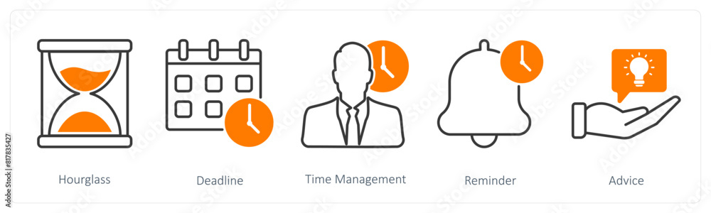 A set of 5 Business and Office icons as hourglass, deadline, time management A set of 5 Business and Office icons as hourglass, deadline, time management
