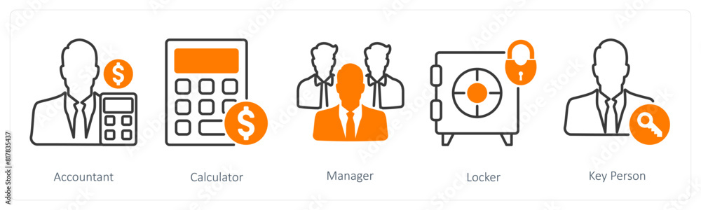 A set of 5 Business and Office icons as accountant, calculator, manager A set of 5 Business and Office icons as accountant, calculator, manager