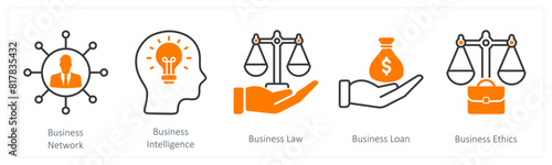 A set of 5 Business and Office icons as business network, business intelligence, business law
