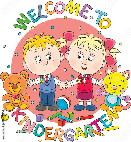 Welcome to kindergarten card with funny little boy and girl among their toys going to nursery school, vector cartoon illustration