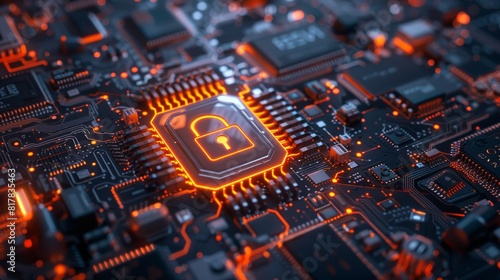 Advanced cybersecurity concept on a circuit board with a glowing lock symbol, representing data protection and digital security in the technology era