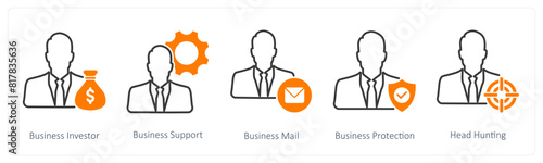 A set of 5 Business and Office icons as business investor, business support, business mail
