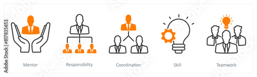 A set of 5 Business and Office icons as mentor, responsibility, coordination, skill