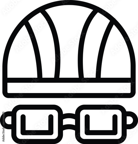 Black and white line art icon of a protective safety helmet and goggles