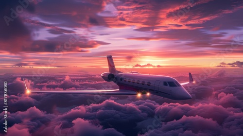 Business class travel concept  luxury private jet at sunset or sunrise.