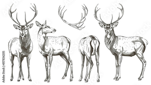 Deer sketches vintage drawings Four. Reindeer stag