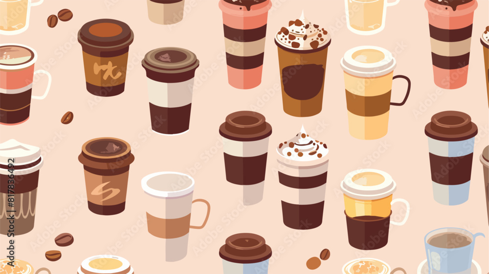 Coffee cups and glasses seamless pattern design. Caff