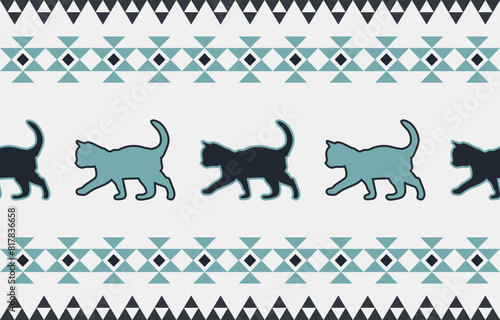 Cat pattern. Seamless. White stripes, colorful background. Ethnicity. Floral patterns, printed fabrics, pants, Lanna.