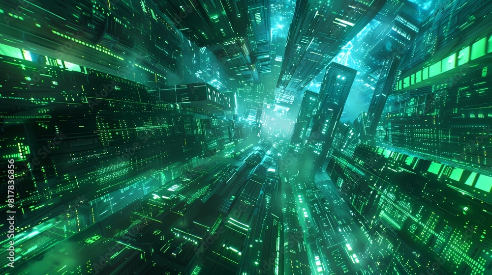 Digital technology green and blue neon realism universe poster background