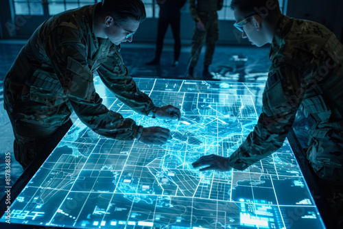 Soldiers analyzing a futuristic digital map