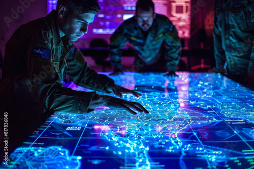 Group of soldiers discussing over digital map photo