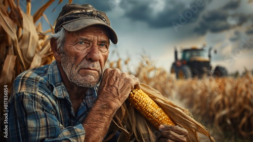 a middle-aged man is the focal point, surrounded by a cornfield, his hand adorned with a corn cob, while a harvester dominates the background.