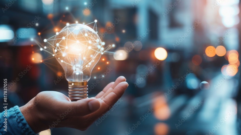 © Plaifah - Businessman hand holding creative light bulb with industry network,analysis solution and development marketing network icons planning strategy,