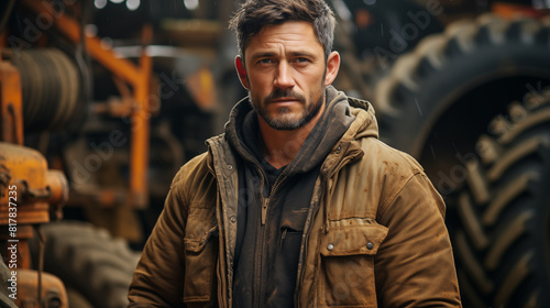 Portrait of a farmer against the background of a tractor.