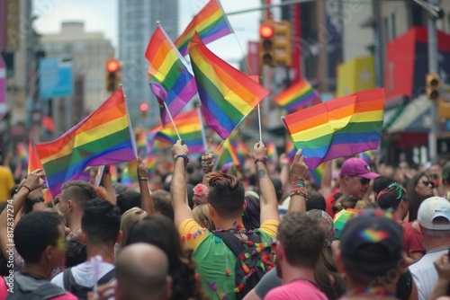 Wallpaper Mural Group of people on the street in the city with pride flags Torontodigital.ca