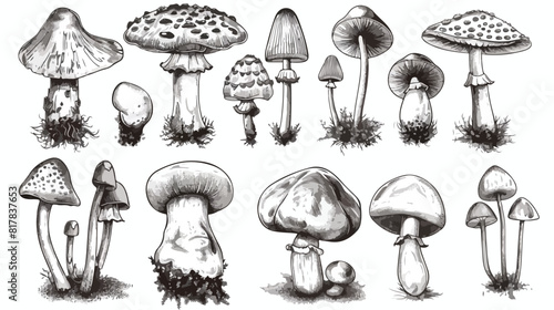 Collection of hand drawn different types mushrooms. style