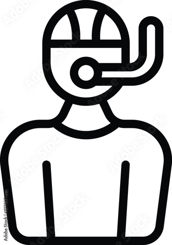 Construction worker icon wearing safety helmet and visor, outlined in vector illustration, representing occupational industry and labor with protective gear and workwear