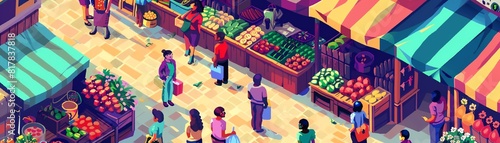 A bustling pixel art market with various fruits and vegetables on display. The market is located in a rainy city. photo