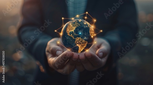 Businessman holding global network connection on social networking and customer data analytics, Business strategy and smart intelligence, photo