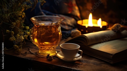 cozy and tranquil scene by a crackling fireplace, featuring an open book, a glass of wine, a lit candle, and a soft blanket, creating an atmosphere of relaxation and comfort