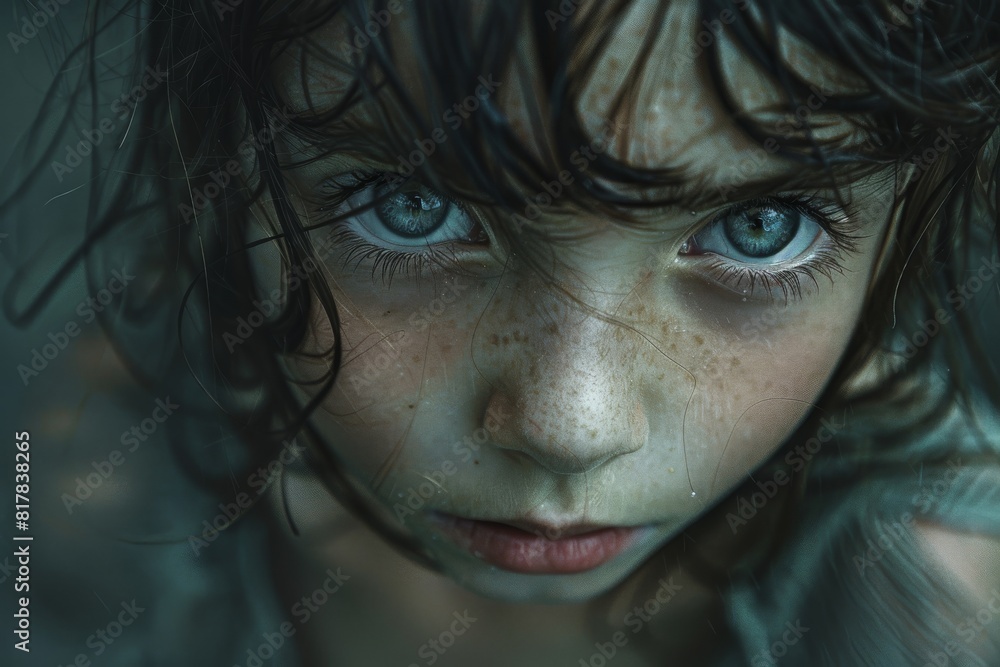 Top view close up portrait of little sad girl, childhood trauma Top view close up portrait of little sad girl, childhood trauma