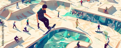 A group of skateboarders enjoying the skatepark. photo