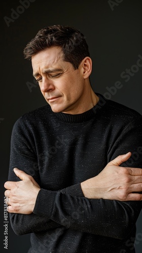 Young man with a pained expression and arms crossed, wearing a black sweater, standing against a dark background. 