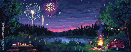 A lakeside campsite at night. A bonfire burns on the beach and fireworks explode overhead. The sky is dark and starry.