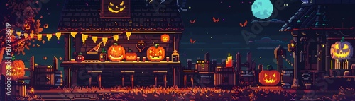 A Halloween-themed pixel art image of a haunted house