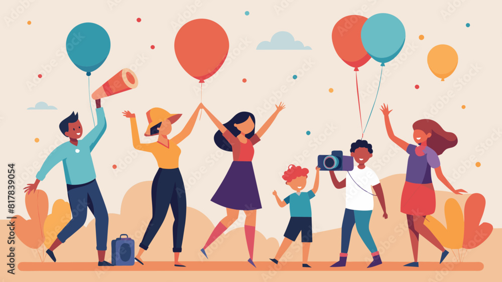 Joyful Diverse Group Celebrating with Balloons and Music Joyful Diverse Group Celebrating with Balloons and Music