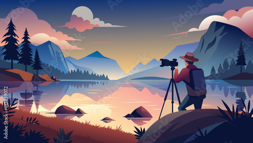 Photographer Capturing Serene Lake at Twilight in Picturesque Mountainscape