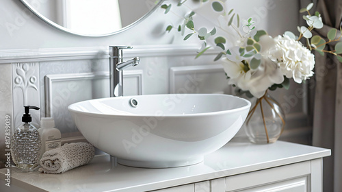 White sink with bath accessories on chest of drawers 