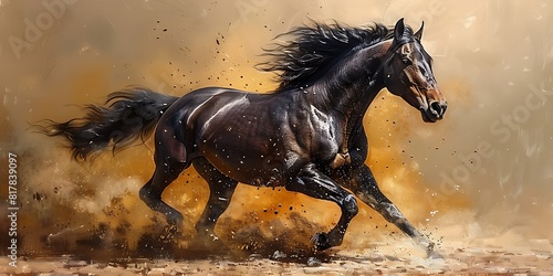 Beautiful black horse running in the dust. Digital painting. 3d rendering