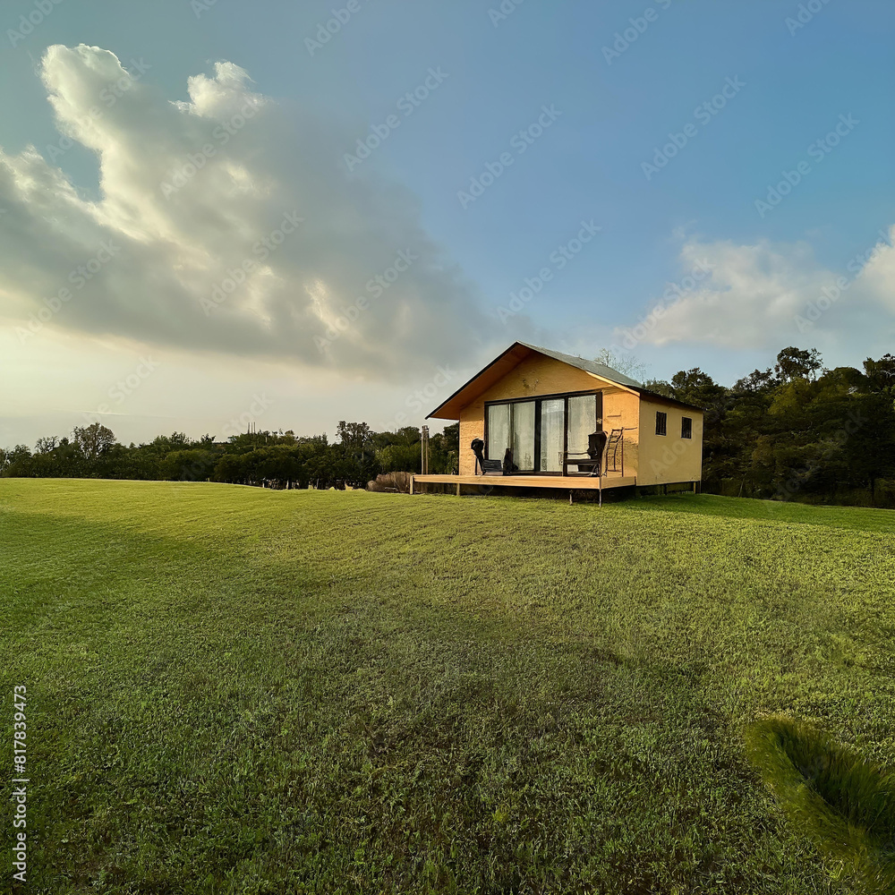 A small house nestled in the middle of a meadow. There are trees and mountains in the distance. Generative AI A small house nestled in the middle of a meadow. There are trees and mountains in the distance. Generative AI
