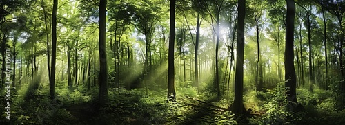 Vibrant Green Forest with Sunlight Filtering Through the Leaves