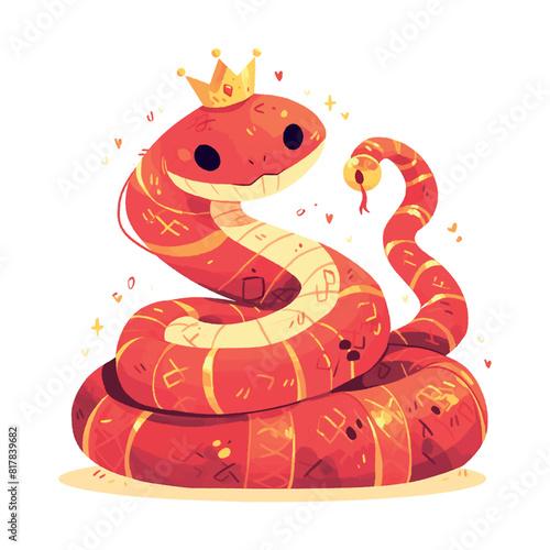 2025 red snake with a crown on its head. The snake is smiling and has hearts on its body