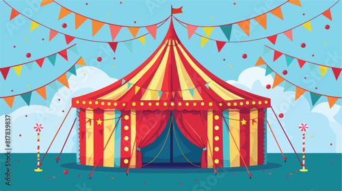 Colorful red circus tent decorated with festive flag