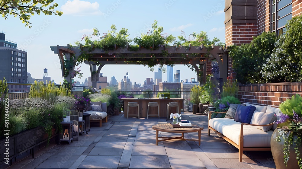 Obraz premium Serene Urban Retreat: Discovering Tranquility in the Heart of the City at a Rooftop Garden Oasis - Perfect Escape from the Bustle.