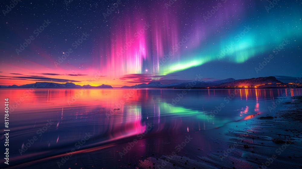 northern lights display, green and purple hues swirl in the night sky, painting a mesmerizing picture as the aurora borealis lights up the summer evening northern lights display, green and purple hues swirl in the night sky, painting a mesmerizing picture as the aurora borealis lights up the summer evening