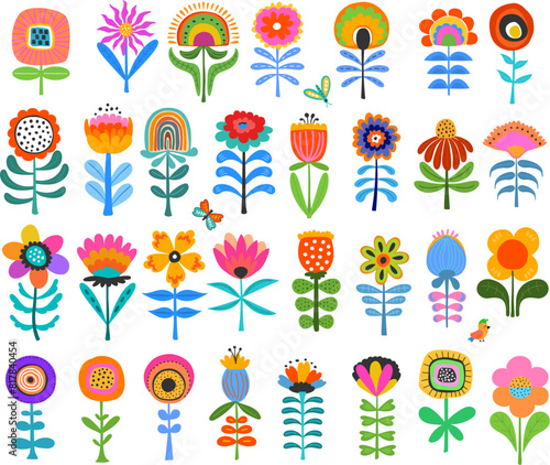 abstract cute naive colorful hand drawn fantasy scandinavian bohemian scandi folk art style flowers, wildflowers  and meadow blooms set, vector illustration 