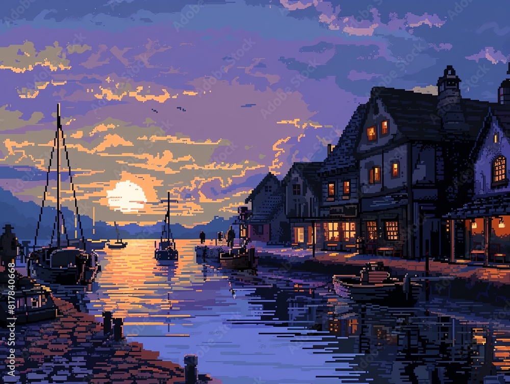 Fototapeta premium Create a pixel art image of a harbor at sunset. Include a variety of boats and buildings. Make the colors vibrant and the lighting dramatic.