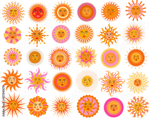boho sun medallions, bohemian solar sunny faces, celestial soleil sol mandalas in warm yellow pink orange reds colors, vector illustration graphic design collection