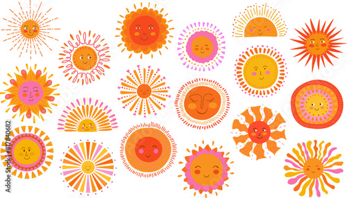 various cartoon cute naive scandi boho sunsunburst  sunshine faces in yellow orange pink red colors, vector illustration graphic set
