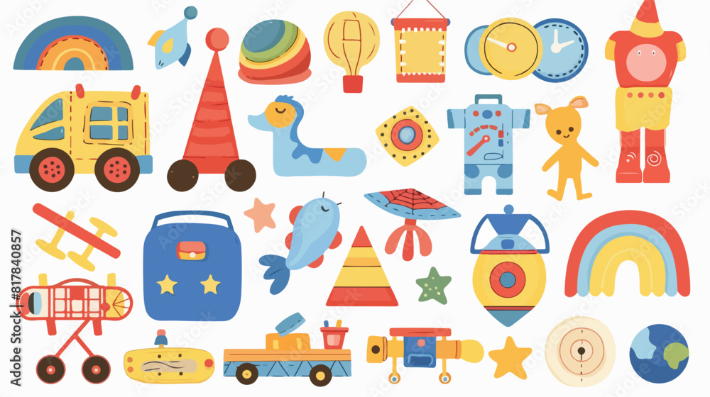 Composition of different childish toys vector flat illustration