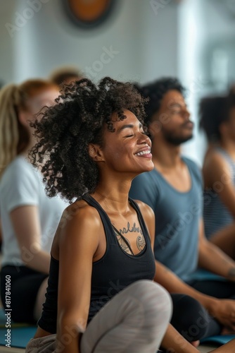 In a gym filled with serene energy, a diverse group of people gracefully move through yoga poses, breathing deeply and finding stillness within themselves