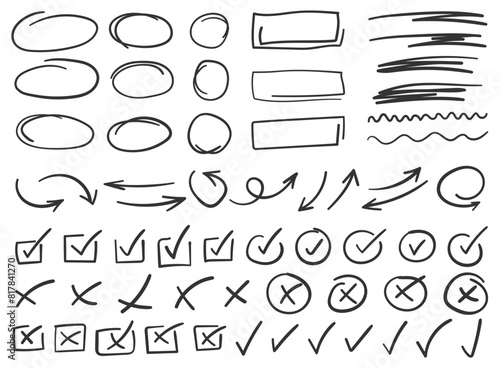 Check mark icon in hand drawn style. Handmade doodle vector illustration on isolated background. Cross, circles, arrow mark sign business concept.